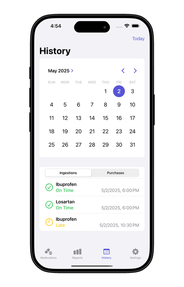 ItsMedTime history screen with calendar view and medication intake records