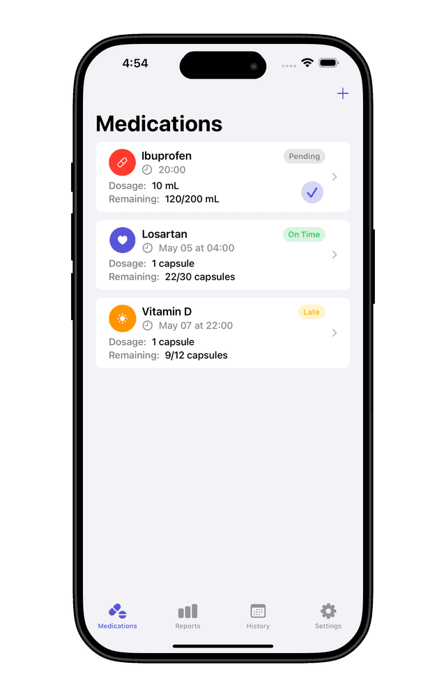 ItsMedTime medication list showing Ibuprofen, Losartan, and Vitamin D with dosages and status