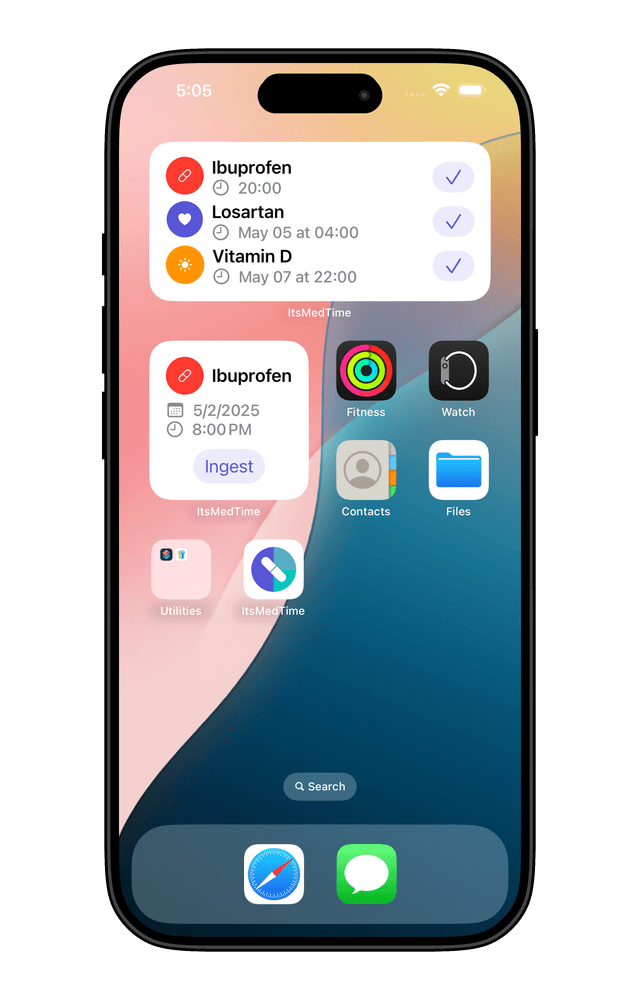 iOS home screen showing ItsMedTime widgets with medication schedules and quick actions