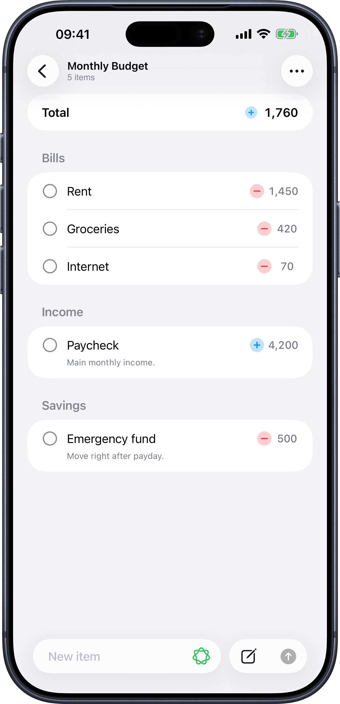 Tastik budget list with a running total