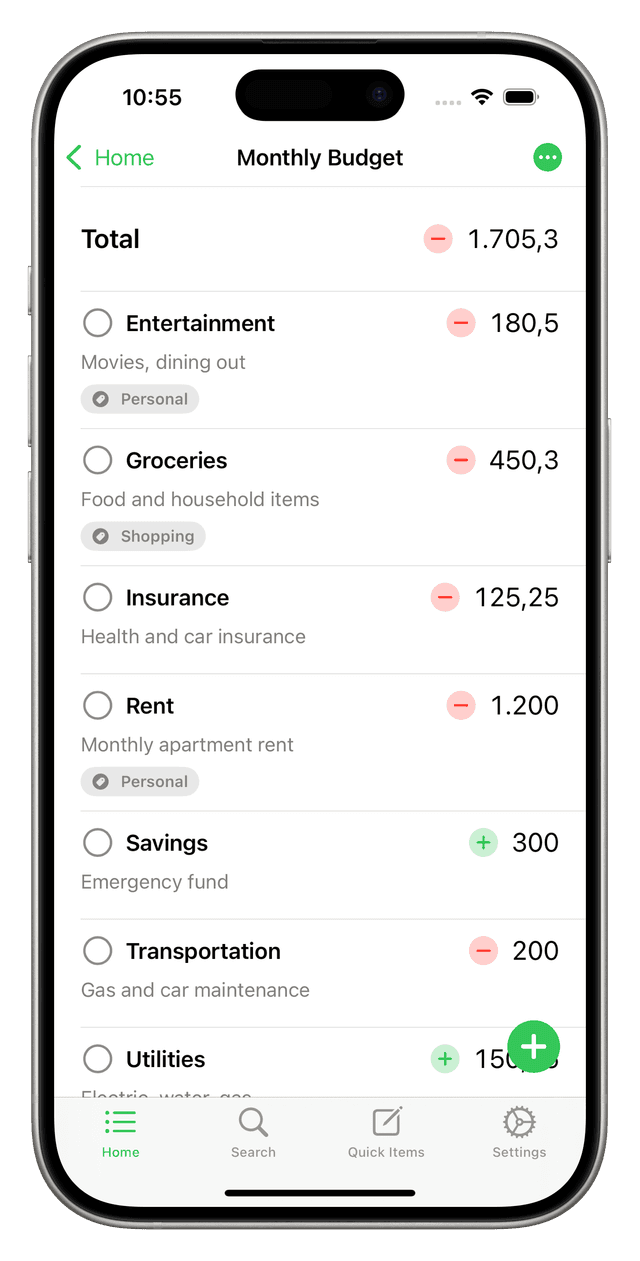 Tastik calculator for quick calculations in lists.