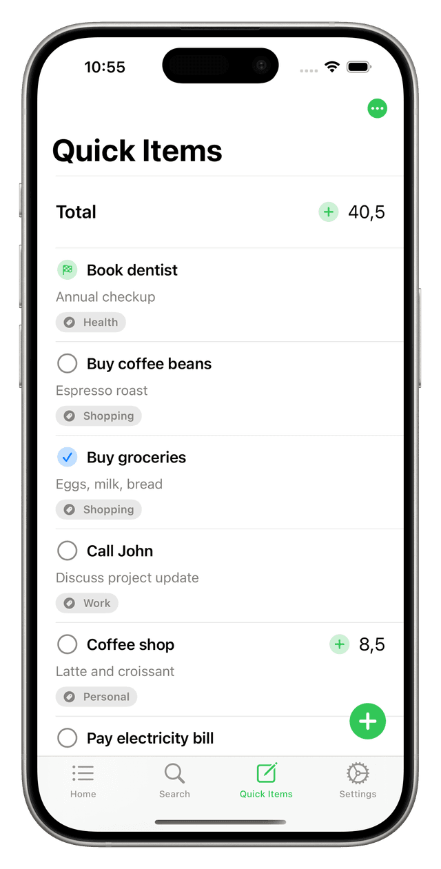 Tastik showing a checklist with quick items.