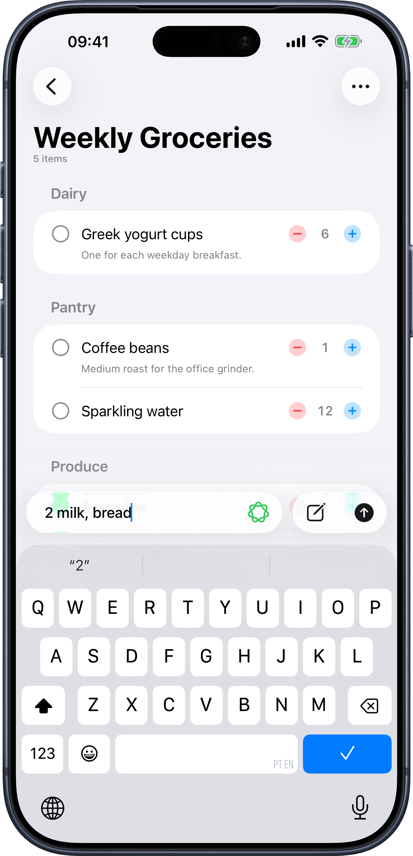 Tastik groceries list with steppers and Smart Add