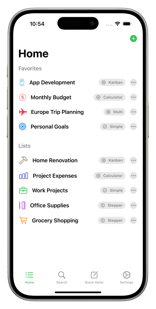 Tastik home screen showing multiple lists organized.